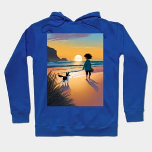 child playing with a dog on the beach. Hoodie